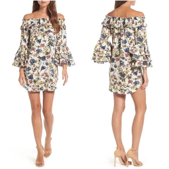 MISA Los Angeles Amal Floral Print Off The Shoulder Mini Dress Size S